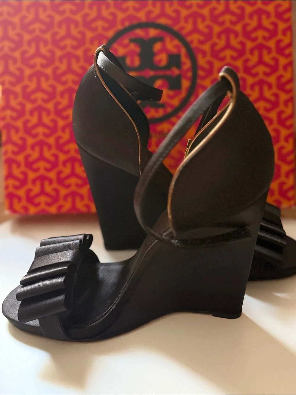 Tory Burch Black Satin Ankle-Strap Heels with Bow Accent